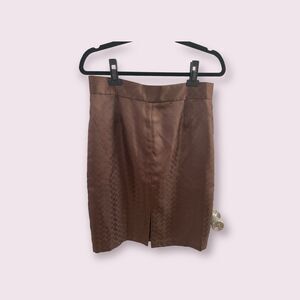 Vivienne Tam Brown Satin Greek Key Skirt with Front Slit - Petite Medium